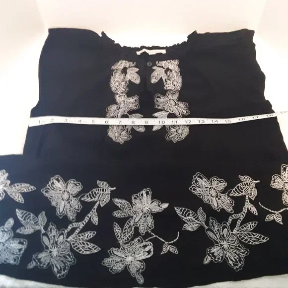 Loft White Embroidered Floral Split Neck Black Dress(as is -no belt) - Picture 9 of 14